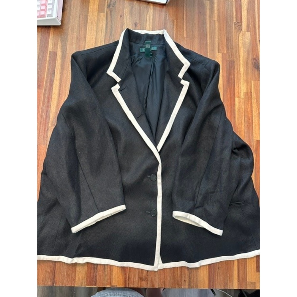 Lauren Ralph Lauren Black Linen Blazer White Contrast Trim Plus Size 22W